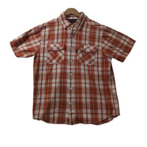 Harley Davidson Orange Plaid Button Shirt Men's Large Short Sleeve Cotton